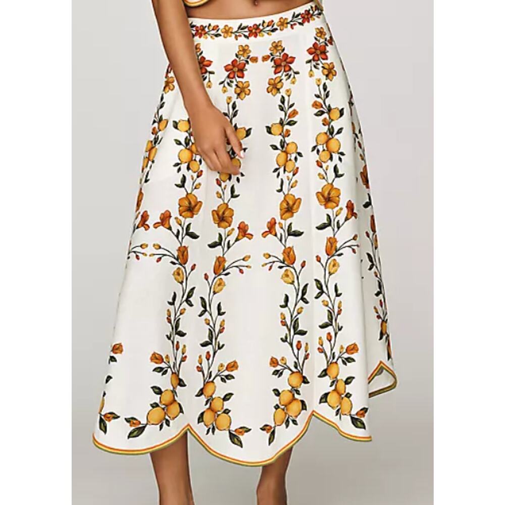 NWOT FARM Rio Lemon Bouquet Linen-Blend Midi Skirt Lemon Bouquet Off White XS - Picture 2 of 2